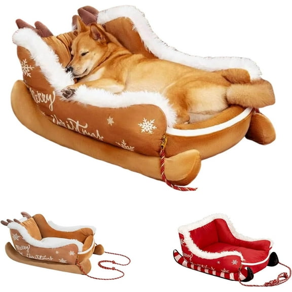Christmas Sleigh Dog Bed, 2025 Santa Sleigh Pet Sofa for Dogs & Cats, Removable & Washable, Christmas Cat Dog Nest for Winter Indoor Outdoor (A, S-19.7x14.6x9.8in)