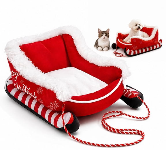 Christmas Sleigh Dog Bed, Christmas Dog Bed with Non Slip Base, Calming Dogs Beds, Dogs Sleigh Beds for Pets to Sleep Peacefully in Winter