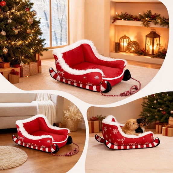 Christmas Sleigh Dog Bed, Christmas Dog Bed with Non Slip Base, Dogs Sleigh Beds for Pets to Sleep Peacefully in Winter, Red _ M