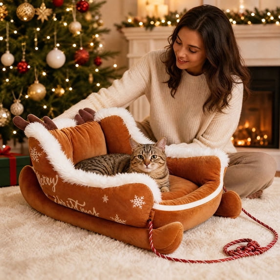 Christmas Sleigh Dog Bed - Funny Santa Sleigh Pet Bed for Small Medium Dogs, Soft Plush Washable Cozy Sleeping Mat, Indoor Outdoor Holiday Pet Couch, Brown, 17.7 Inch