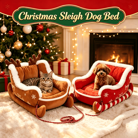 Christmas Sleigh Dog Bed - Funny Santa Sleigh Pet Bed for Small Medium Dogs, Soft Plush Washable Cozy Sleeping Mat, Indoor Outdoor Holiday Pet Couch, Red, 17.7 Inch
