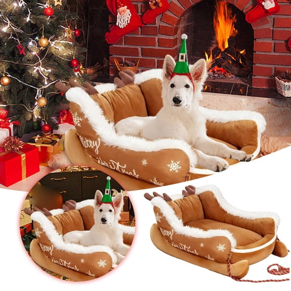Christmas Sleigh Dog Bed - Funny Santa Sleigh Pet Warm Bed | Removable & Washable Plush Pet Warm Sofa with Non- Base | Christmas Cat Dog Nest for Winter Indoor Outdoor