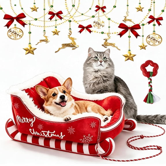 Christmas Sleigh Dog Bed, Santa Sleigh Design, Soft Plush Pet Bed for Dogs and Cats, Washable Holiday Pet Bed, Indoor Christmas Decor