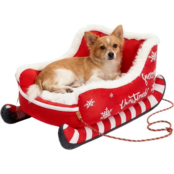 Christmas Sleigh Dog Cat Beds, Christmas Themed Pet Sleigh Bed, Festive Insulated Nest for Winter Holiday Puppy Animal Calming Sleeping Kitten Cold Weather Nights Indoor Rest S