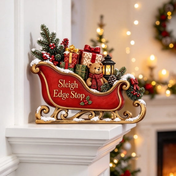 Christmas Sleigh Door Frame Corner Decor, Winter Holiday Door Topper with Red Scarf & Holly Design, Cute Xmas Ornament for Entryway & Holiday Home Party (Sleigh)