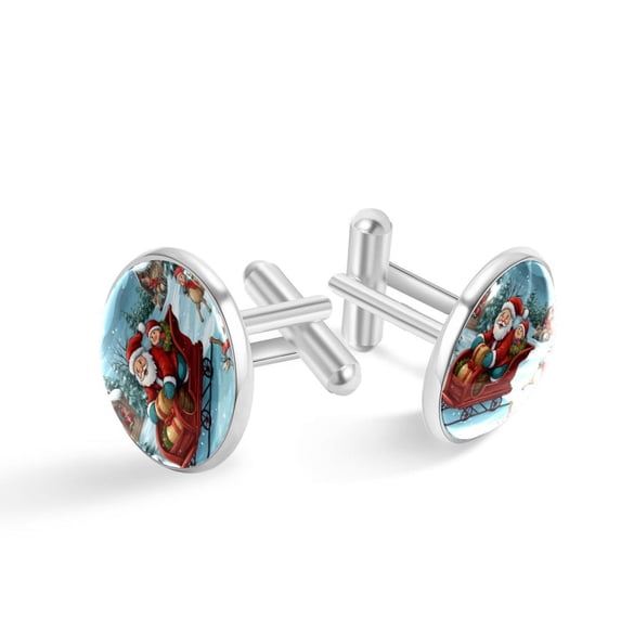 Christmas Sleigh Men's Stainless Steel Cufflink Set for Formal Attire, Shirt Clip Included - Ideal for Weddings and Business Meetings