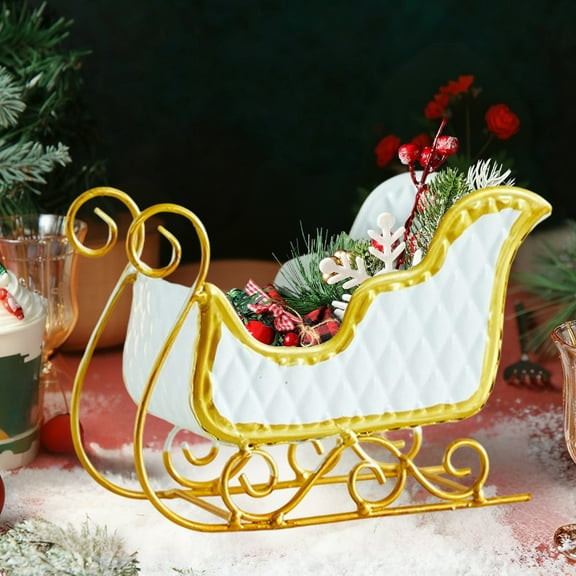 Christmas Sleigh Metal Decor Red White Candy Basket Holiday Decoration for Mantelpiece Fireplace Table Centerpiece Gift Storage Container