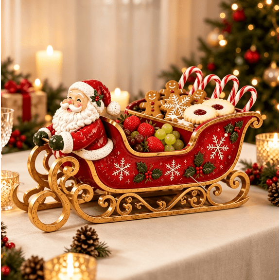 Christmas Sleigh Serving Tray with Santa Figurine, Festive Holiday Treat Sleigh Platter, Table Decor for Christmas Family Gathering Dessert Table, Holiday Serveware for Table Display