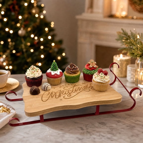 Christmas Sleigh Serving Tray, Wooden Platter with Red Metal Frame for Holiday Snacks and Table Decor