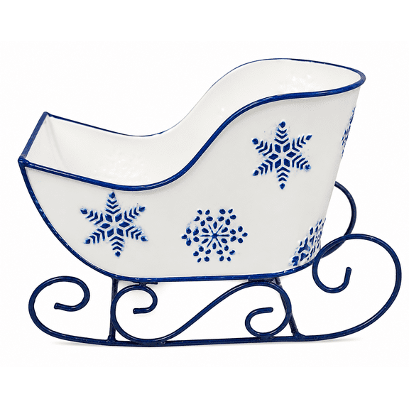 Christmas Sleigh White W Blue Snowflakes Metal Ornament Small Candy Storage Gift Basket Tabletop Centerpiece Mantel Fireplace