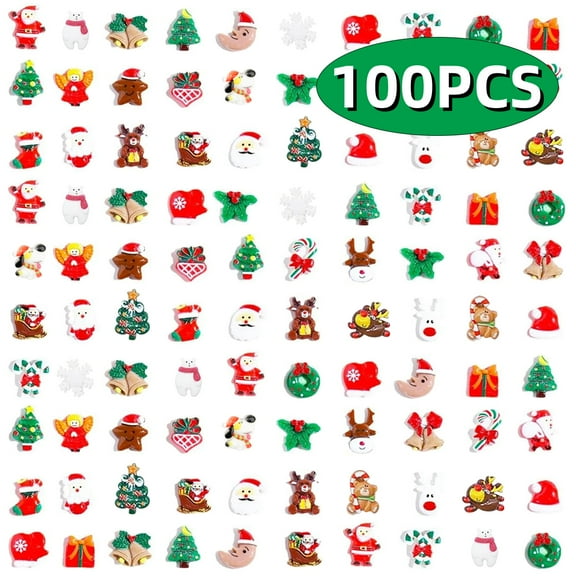 Christmas Slime Flatback Charms Craft Resin Miniature Ornaments Santa Snowman Tree Bell Resin Decoration for Craft Scrapbooking DIY Crafts 100Pcs Set 1