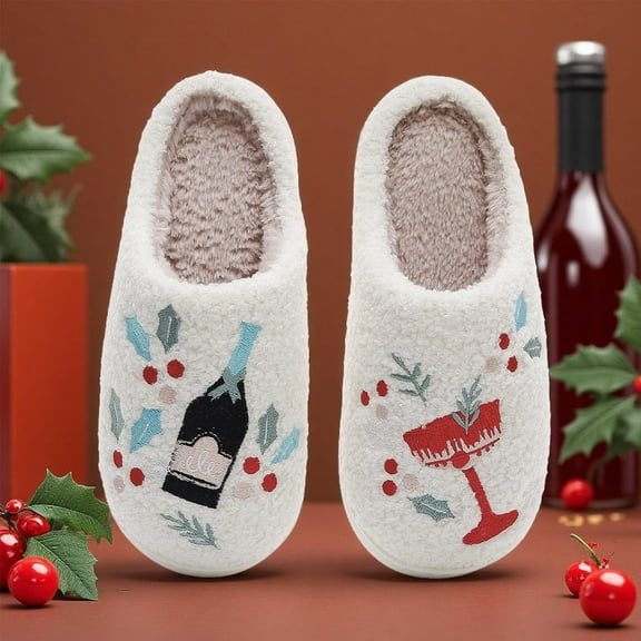 Christmas Slipper for Women Men Non-Slip Round Toe Slip-on Warm Slides Flats Christmas Wine Bottle Winter Casual Cozy Indoor Home House Slippers for Couple