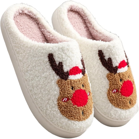 Christmas Slippers For Women Men Soft Plush Fuzzy Cozy House Bedroom Warm Reindeer Cute Holiday Slippers Indoor Outdoor