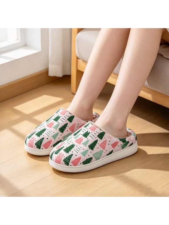 Christmas Slippers Print House Shoes Fuzzy Warm Closed Back Indoor Slippers Winter