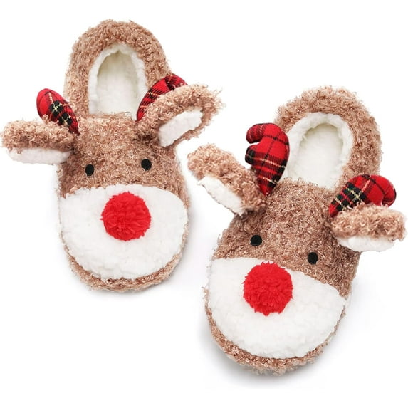 Christmas Slippers Reindeer Slippers for Women and Men Elk Animal Holiday Slipper Cute Xmas Moose Slippers Indoor Bedroom Fluffy Cartoon Warm Fleece Slippers Winter Soft Cozy Home Non-Slip Soft Plush