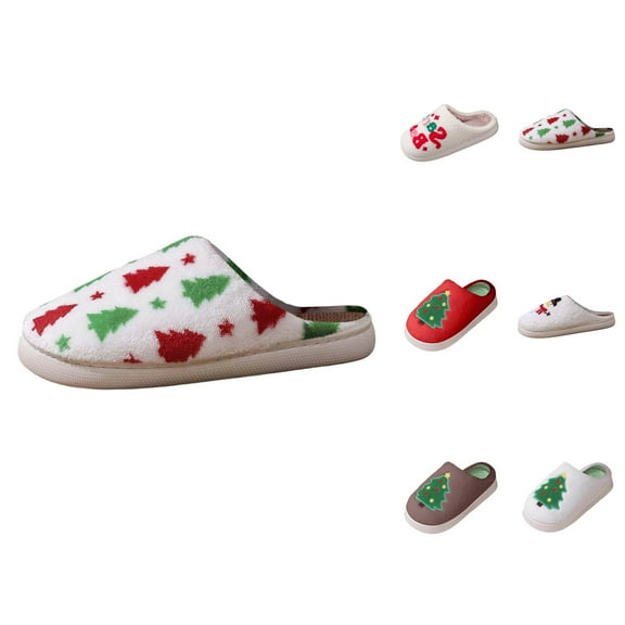 Christmas Slippers for Women 2025 Winter Warm Fuzzy Cozy Slip On Slippers Indoor House Shoes