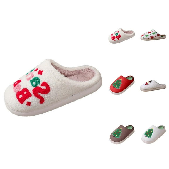 Christmas Slippers for Women 2025 Winter Warm Fuzzy Cozy Slip On Slippers Indoor House Shoes