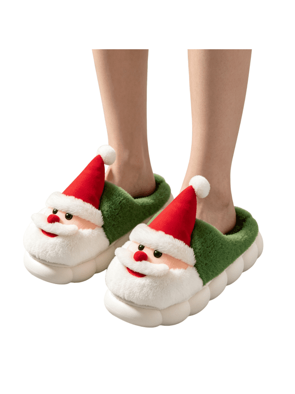 Christmas Slippers for Women, Closed Toe Fuzzy House Shoes with 3D Santa Claus Hat, Thick Bubble Platform Sole Bedroom Slippers for Holiday Gifts