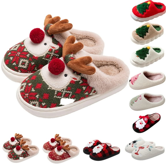 Christmas Slippers for Women Flat Heel Close Toe Slip-on Home Slippers Christmas Cute Printed Warm Winter Shoes