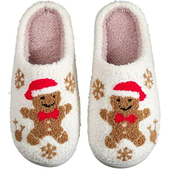 Christmas Slippers for Women and Men Cartoon Gingerbread Man Soft Slip On House Slippers,Winter Plush, Fluffy, Indoor and Outdoor Shoes