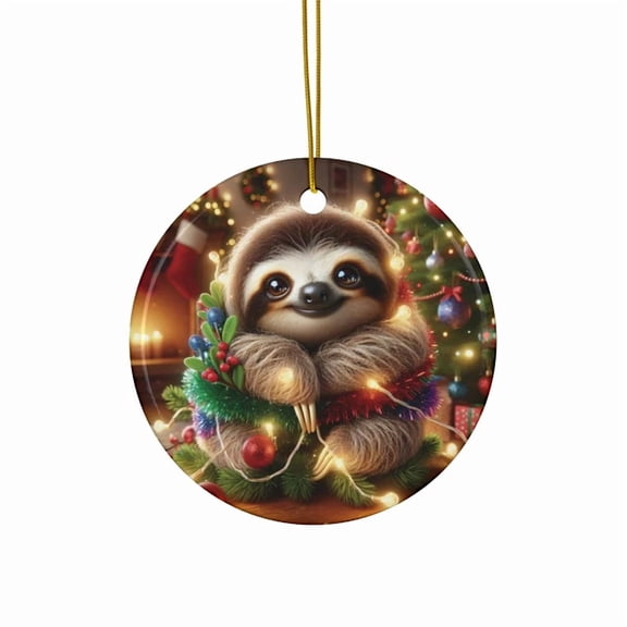 Christmas Sloth 2D FLAT CIRCLE Ceramic Ornament