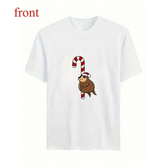 Christmas Sloth Candy Cane Tee Graphic Top Short Sleeve Round Neck Comfortable Cotton White S-5XL