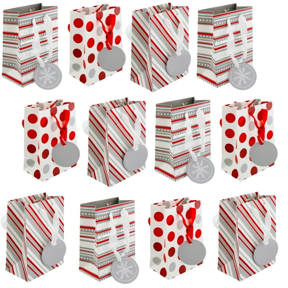 Christmas Small Gift Bags with Foil Hot Stamp and Ribbon Handles, 12 Pack