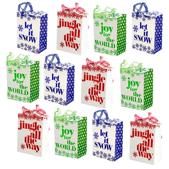 Christmas Small Gift Bags with Foil Hot Stamp and Ribbon Handles, 12 Pack