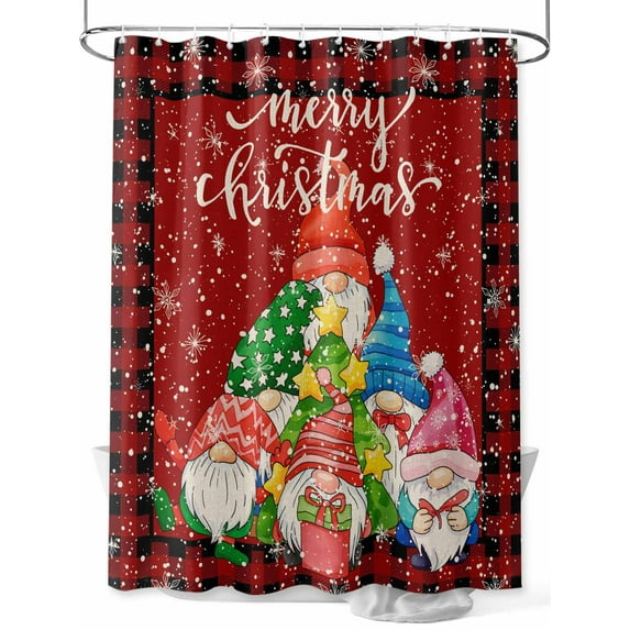 Christmas Small Stall Shower Curtain, Waterproof Shower Curtains for Bathroom, Gnomes Snowflakes Pine Tree Red Black Plaid Washable Fabric Cloth Bath Curtain for Bathtub with Hooks 36x78 Inches