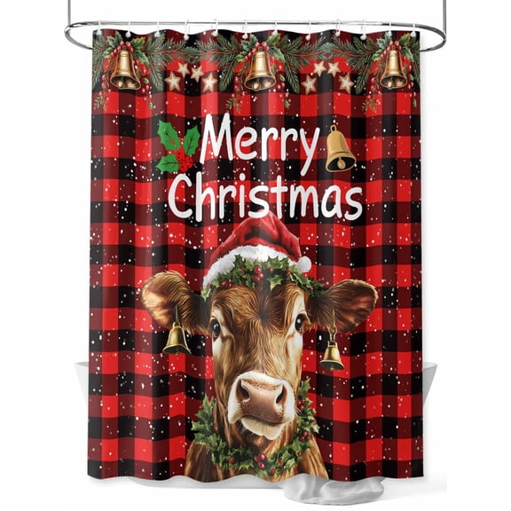 Christmas Small Stall Shower Curtain, Waterproof Shower Curtains for Bathroom, Winter Cow Pine Branches Red Black Buffalo Plaid Washable Fabric Cloth Bath Curtain for Bathtub with Hooks 36x78 Inches