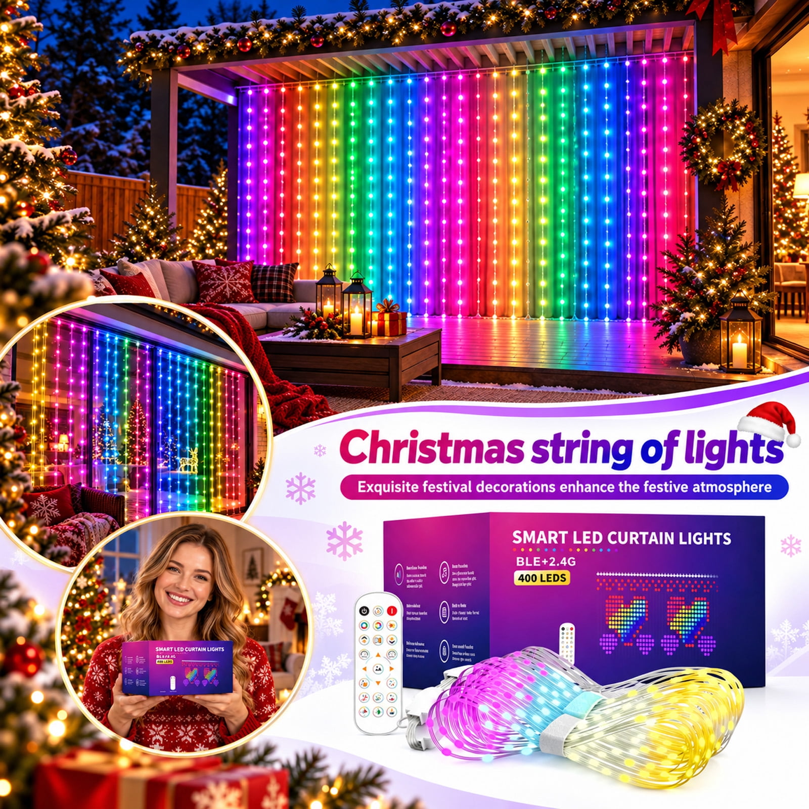 Christmas Smart Curtain Lights with Remote, 400 RGB LED Color Changing ...