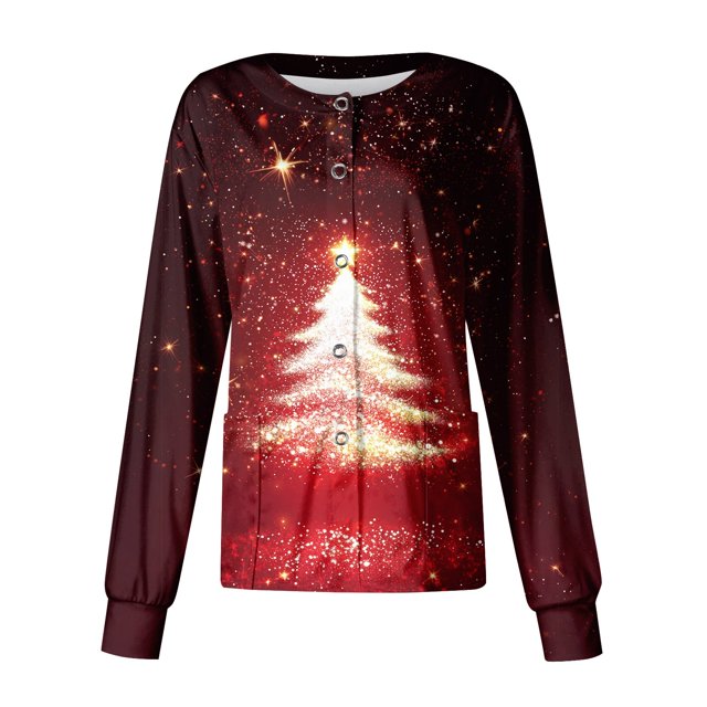 Christmas Snaps Front Scrub Jackets for Women Christmas Tree Graphic