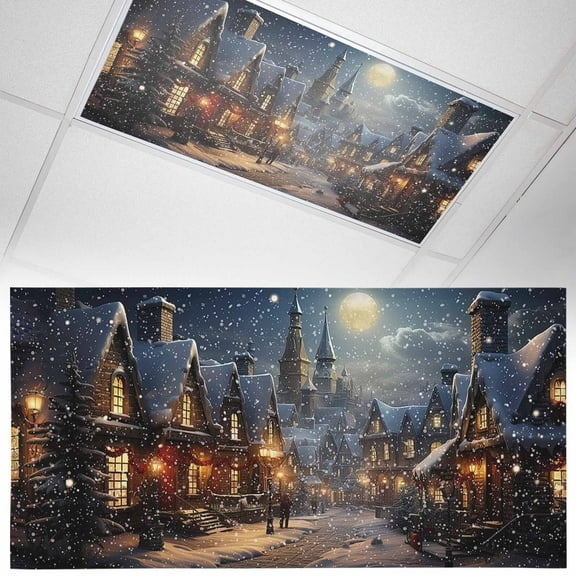 Christmas Snow 1 Piece Covered Night Town Street Moon Magnetic Fluorescent Light Covers, 2x4 Ft, Magnetic Light Covers for Ceiling Lights Classroom Office Home Decor