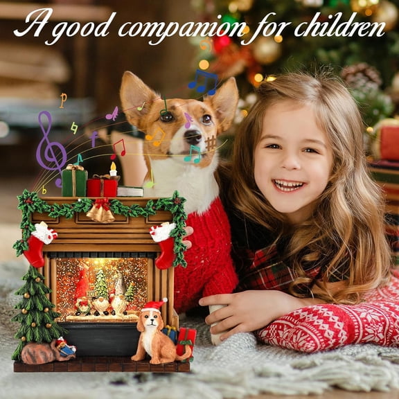 Christmas Snow with 6H Timer, Lighted Musical Gnomes and Dog Fireplaces Lantern with Swirling Glitter, USB & Battery Operated Spinning Glitter Snow for Home Decor and Gifts