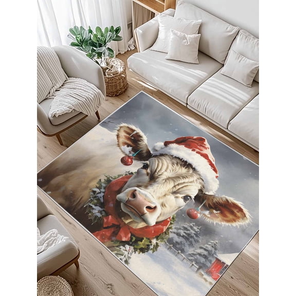 Christmas Snow Area Rug for Bedroom 5x7 Ft Farm Hat Cow Super Soft fuzzy Throw Rug Non-Slip Fluffy Plush Indoor Floor Carpet for Living Room Nursery Home Decor