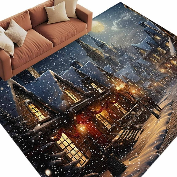 Christmas Snow Area&nbsp;Rug 5x7ft Covered Night Town Street Moon Non-Slip&nbsp;Washable Square&nbsp;Rugs Soft Felt Indoor Floor Mat for Bedroom Kitchen Living Room Bathroom