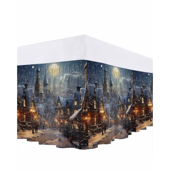 Christmas Snow Bed Skirt Covered Night Town Street Moon Bed Skirts California King Size 18 Inch Drop, Wrap Around Dust Ruffle Bedskirt with Adjustable Elastic Belt for Queen Size Beds