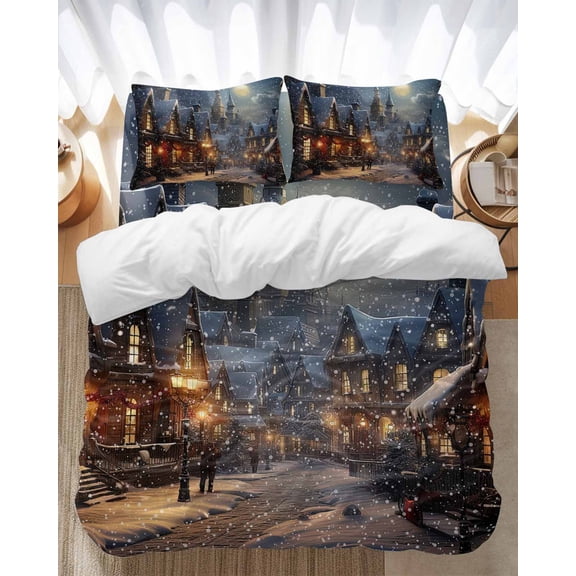 Christmas Snow Bedding Duvet Cover Set Twin Size 4 Pieces Covered Night Town Street Moon Bedding Set with Zipper Closure, 1 Comforter Cover 68x90 Inches 1 Flat Sheet & 2 Pillow Cases
