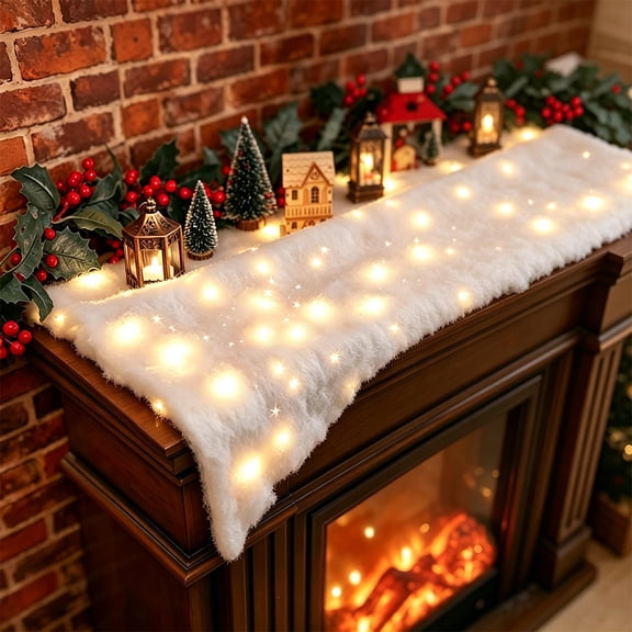 Christmas Artificial Snow Mantel Scarf with Warm White LED Fairy Lights,5915.7 Inch Fluffy Fake Snow Blanket for Fireplace Dining Table,Battery Powered Winter Xmas Scene Decor Batteries Not Included