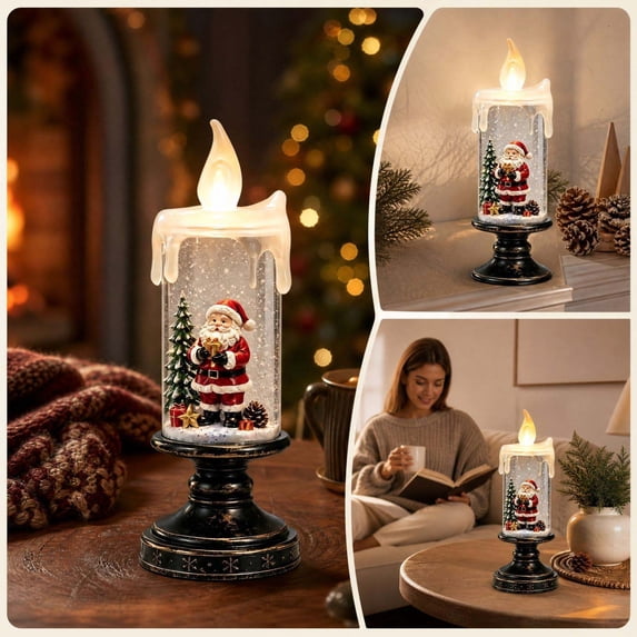 Christmas Snow Candle Lamp with Swirling Water Snowflake Effect, Lighted Water Lantern with Spinning Glitter and Flameless LED, Festive Tabletop Centerpiece for Mantel, Shelf and Holiday Decor