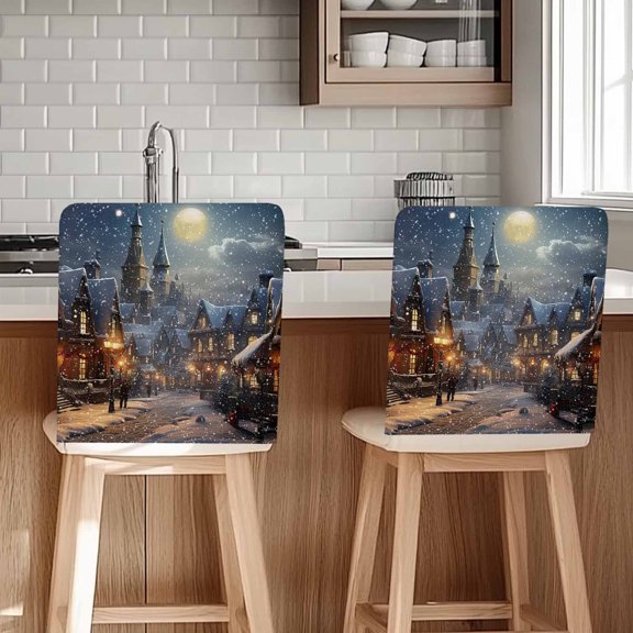 Christmas Snow Chair Covers Set of 8 Covered Night Town Street Moon Chair Back Covers Stretch Removable Washable Slipcovers Protector for Dining Room Kitchen Party Decor