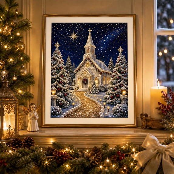 Christmas Snow Church Holiday Scenery DIY Pearl Mosaic Painting Kit Starry Night Handmade Wall Art Craft Set For Household Wall Hanging Decoration