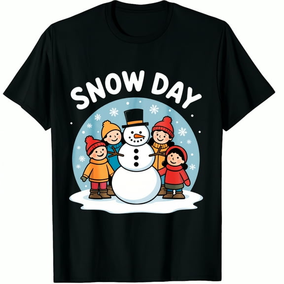 Christmas Snow Day Winter Snowman Cartoon Print Long Sleeve Black Cute Graphic T-Shirt for Men and Women