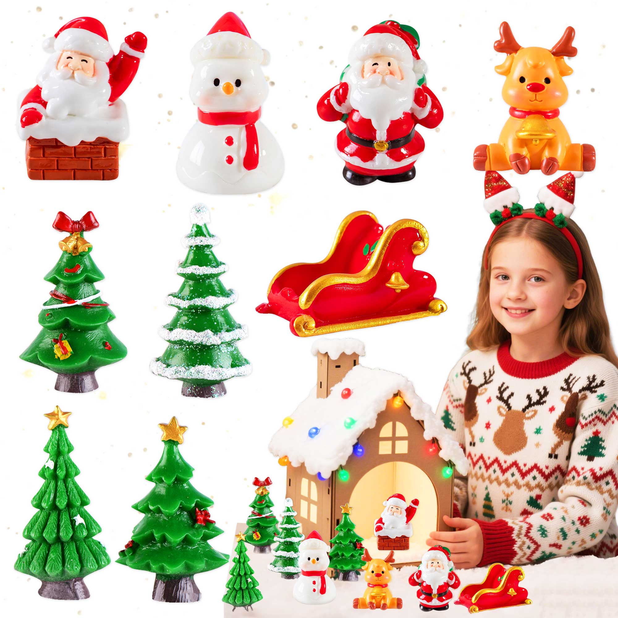 Christmas Snow Elf House Miniature Decor Set - 9 Pcs Festive Scene