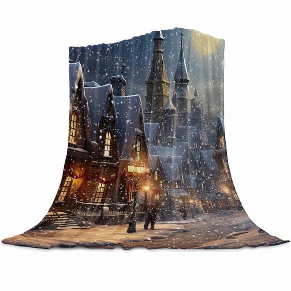 Christmas Snow Flannel Blanket for Bed,Travel and Camping, Covered Night Town Street Moon Super Soft Cozy Blanket for All Seasons 60"x80"
