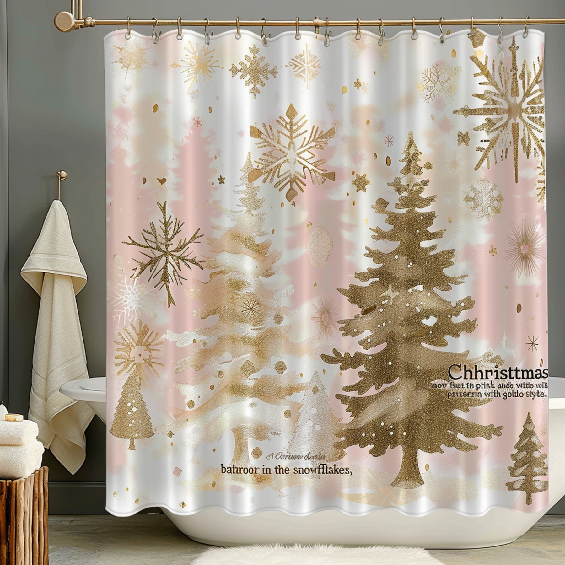 Christmas Snow Forest Shower Curtain Pink & Gold Glitter White with