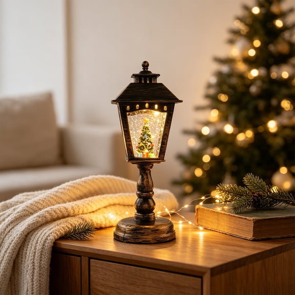 Christmas Snow Globe Lantern with Music, Battery Operated Lighted Swirling Glitter Water Lantern with Timer for Christmas Home Decoration, Christmas Tree