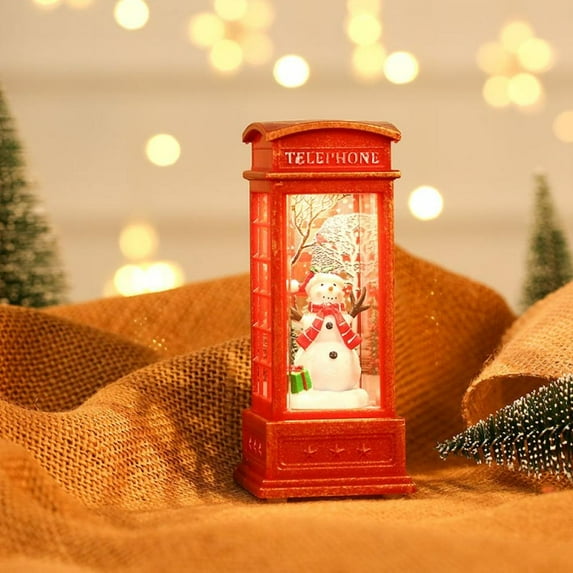 Christmas Snow Globe Lantern Phone Booth, Swirling Water Glittering Battery Operated Festicval Ornament