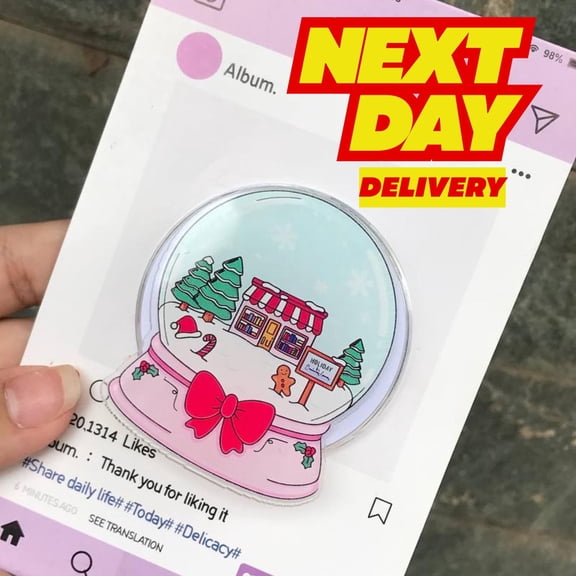 Christmas Snow Globe MagSafe Phone Grip: Cute Pink Bow Snow Drop Magnetic Phone Holder, Festive for Phones or E-reader, Winter Gift H8