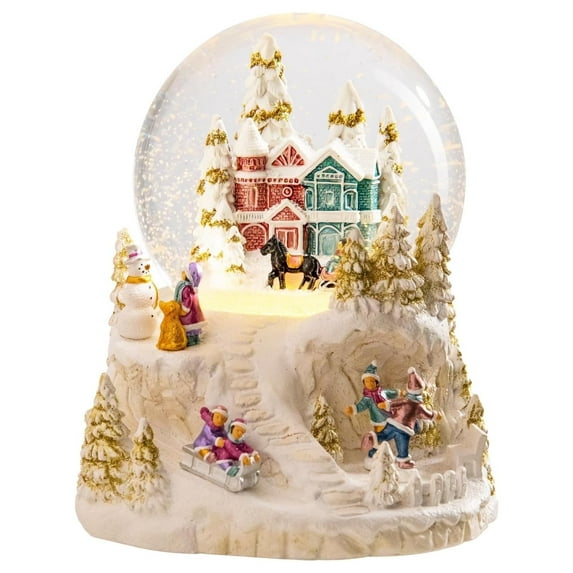 Christmas Snow Globe Musical Box, Village Lighted Decoration Santa Reindeer Sled Battery Operated Glitter Snow Glob Gift